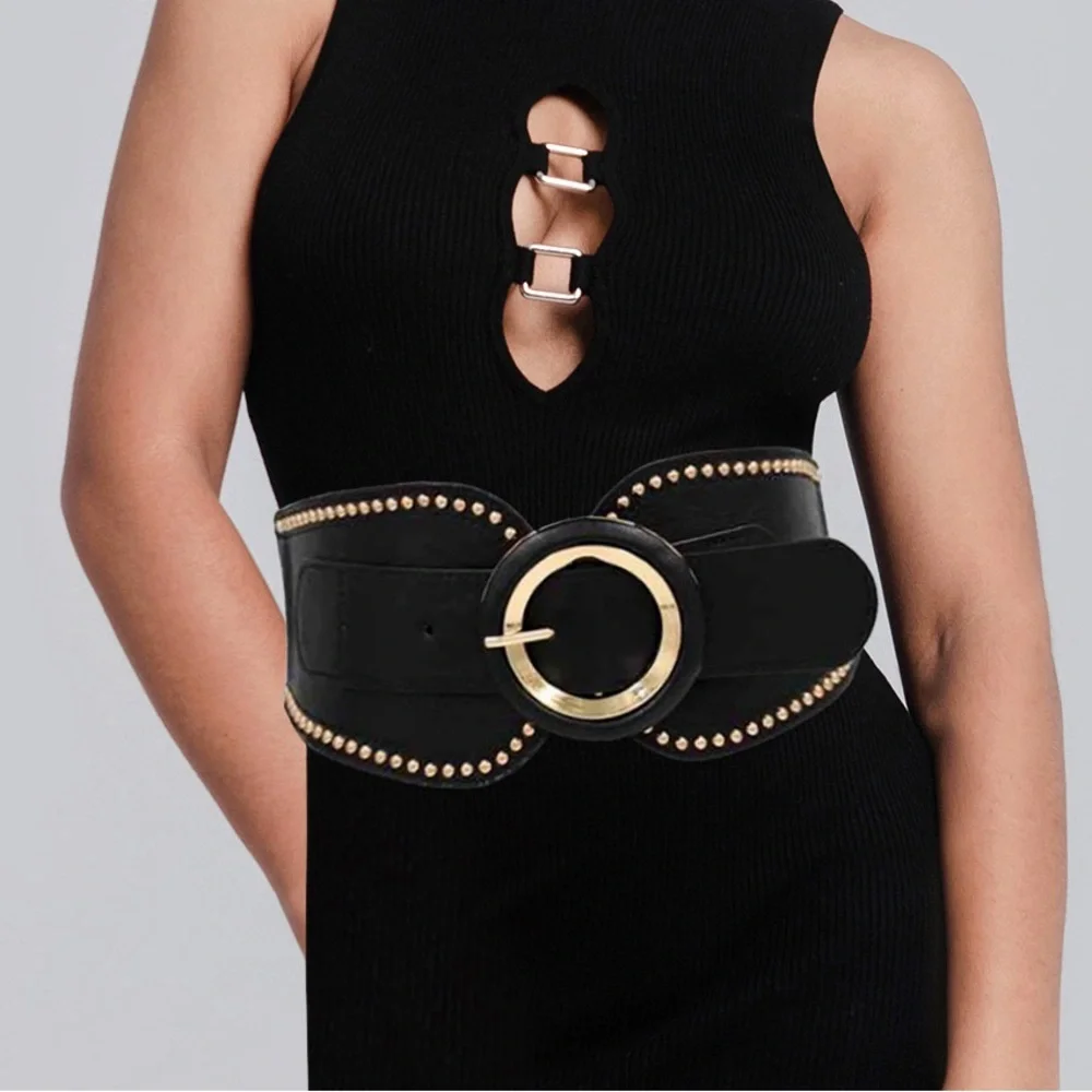 Black and Gold Wide Leather Statement Belt